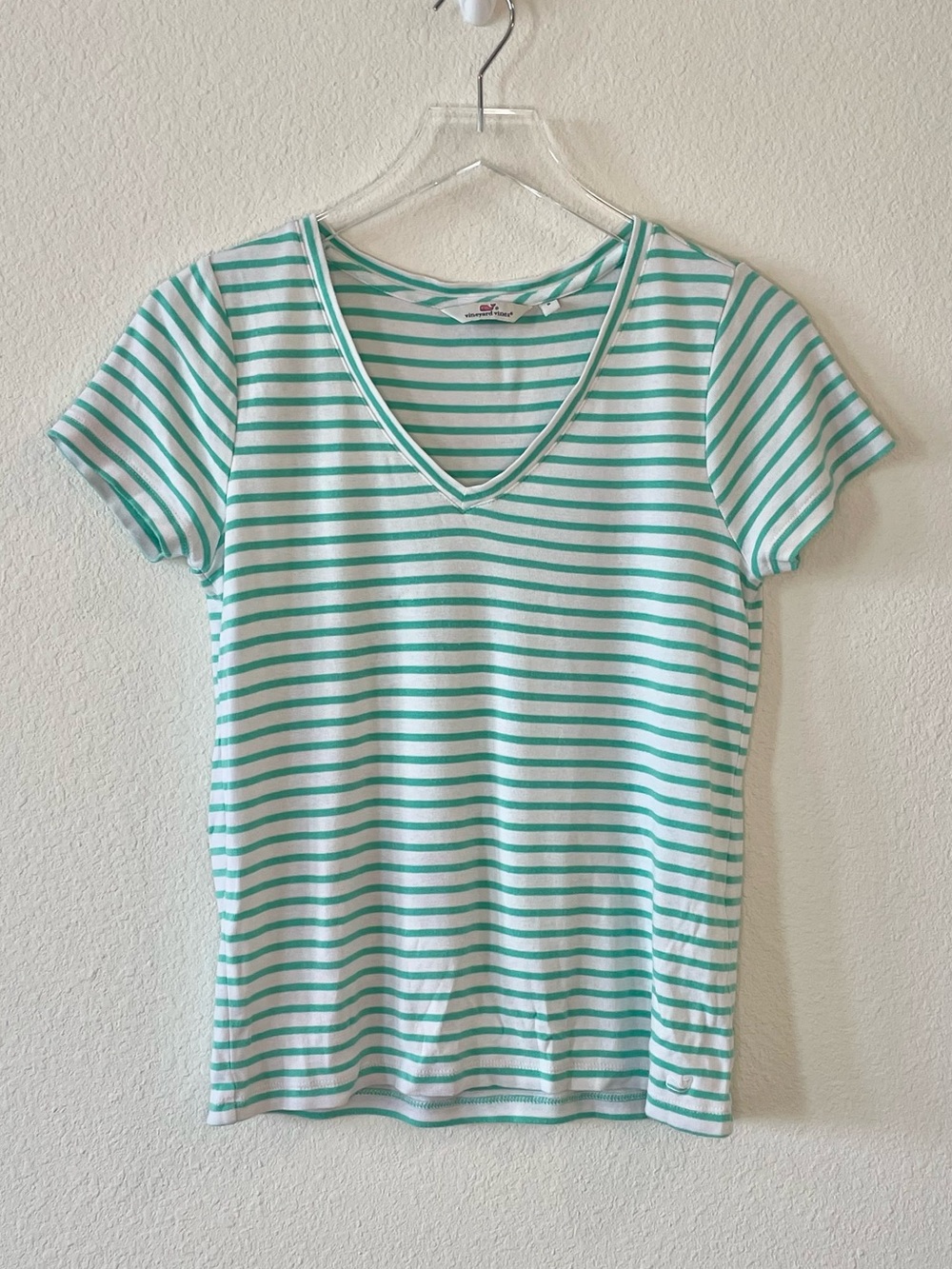 Vineyard Vines Striped V-Neck Tee in Mint and White